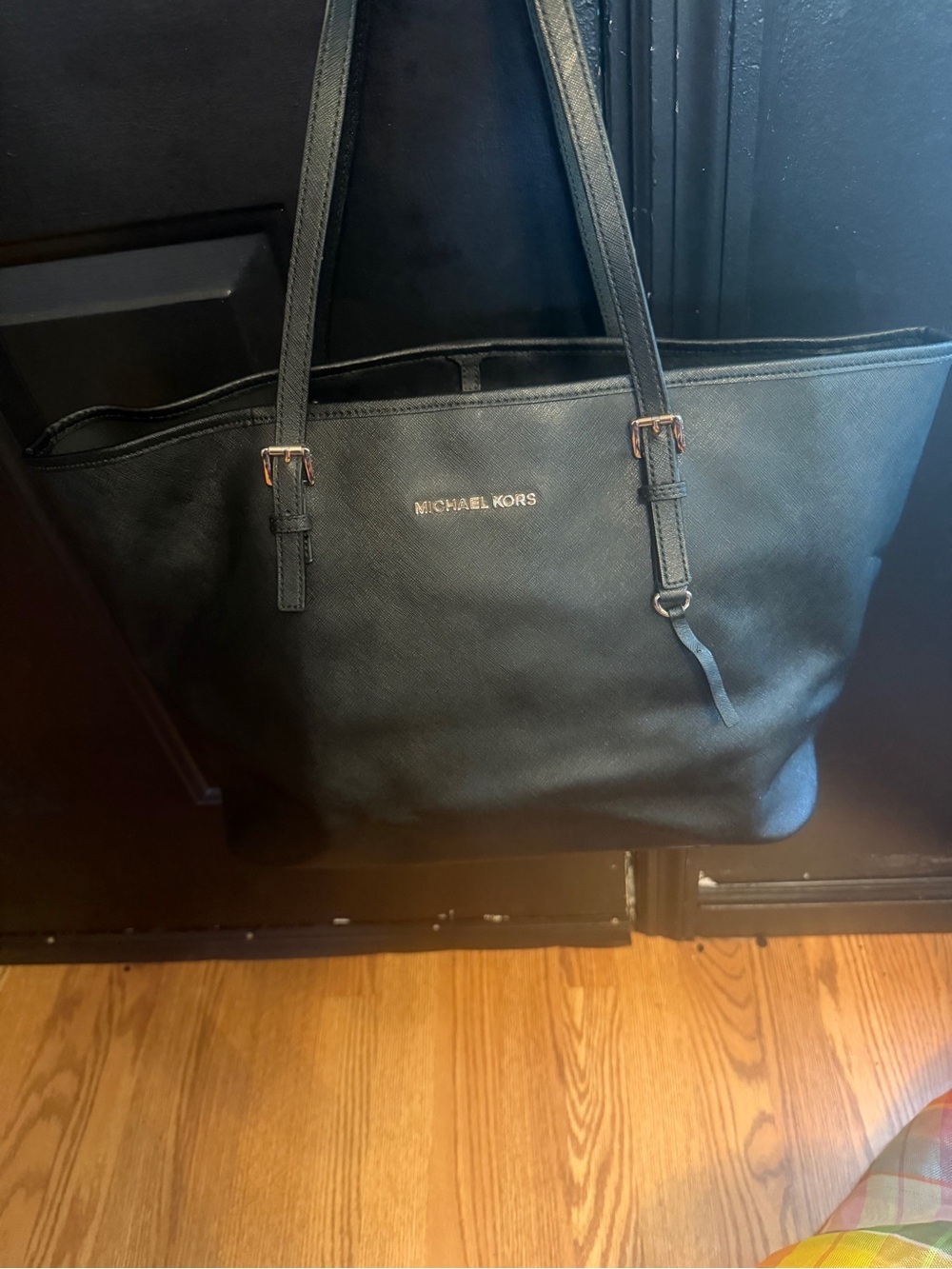 Michael Kors Black Leather Tote with Gold Accents